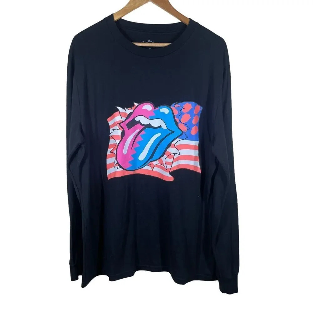 Rolling Stones Steel Wheels Graphic Band Tee XL Long Sleeve Black T-Shirt‎ Flag